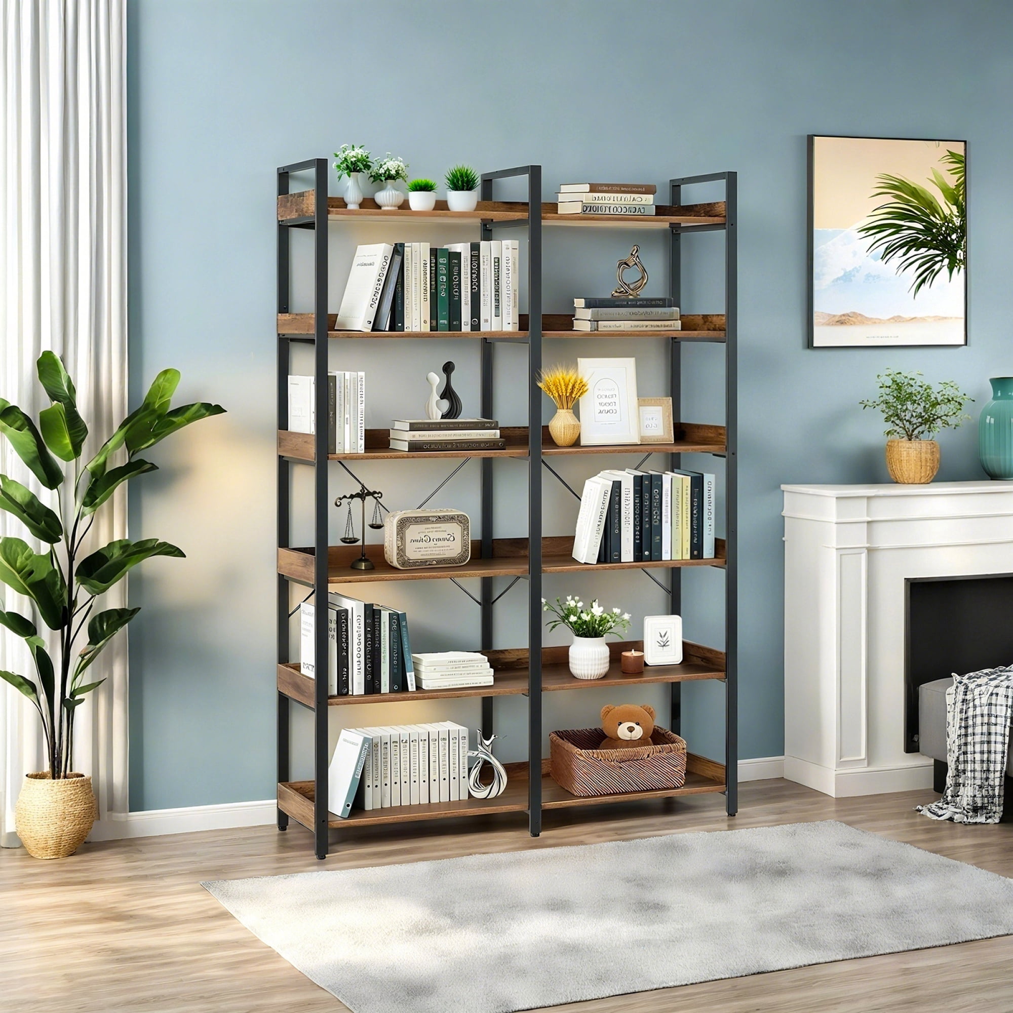 Leumius 6-Tier Industrial Bookshelf, 67" Wooden Bookshelf with Open Shelves, Freestanding Metal Frame Bookcase for Storage and Display, Modern Book Shelves for Bedroom Living Room Home Office Brown