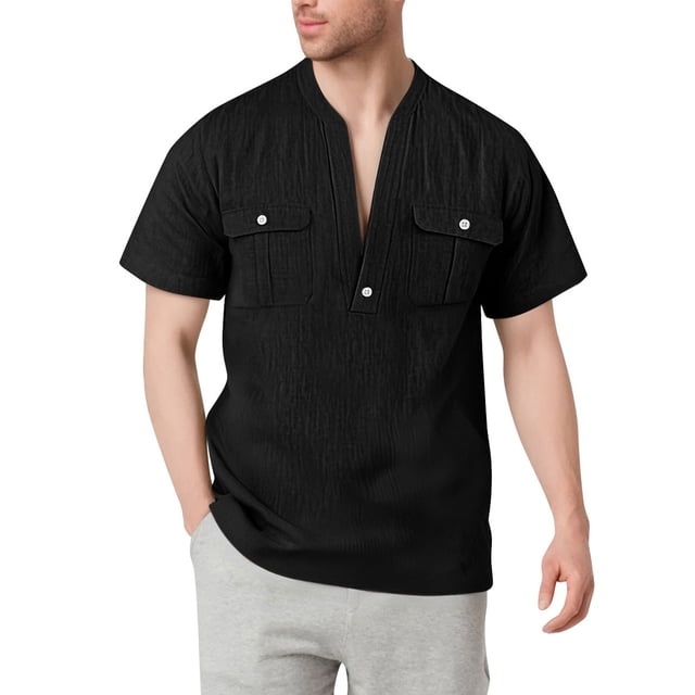 Taqqpue Mens Summer Shirts Linen V Neck Short Sleeve Shirts Trendy Loose Fit Casual Tops with Pockets