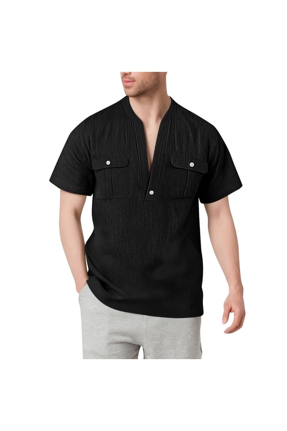 Black Button Tshirts for Man Summer Fall Faux Linen Basic Tee Shirt Tops Man 2026 Clothes Trendy Y2K XL