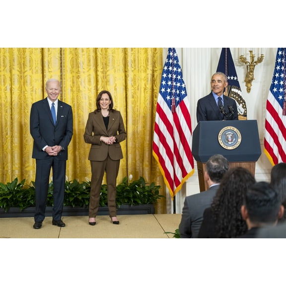 24x36 gallery poster, President Obama with President Joe Biden and Vice President Kamala Harris in the White House on April 5, 2022
