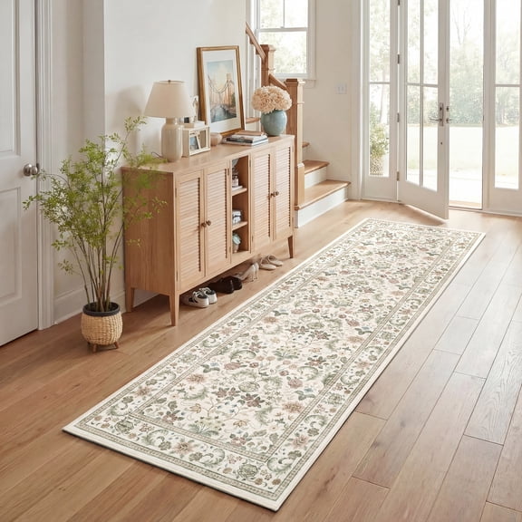 FairOnly 2'x6' Washable Runner Rug, Non Slip Vintage Floral Rug for Hallway Kitchen Entry Decor, Beige Camel