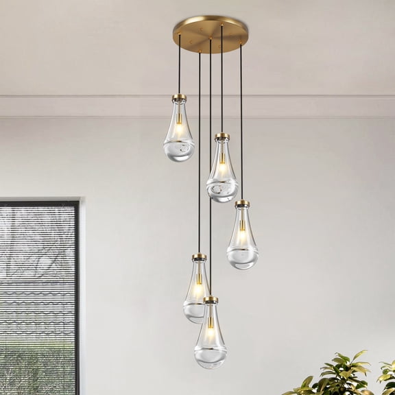 GCGAFUL 5-Light Raindrop Chandelier, Modern Gold Teardrop Pendant Light with Clear Glass, Height Adjustable for Kitchen Island, Living Room
