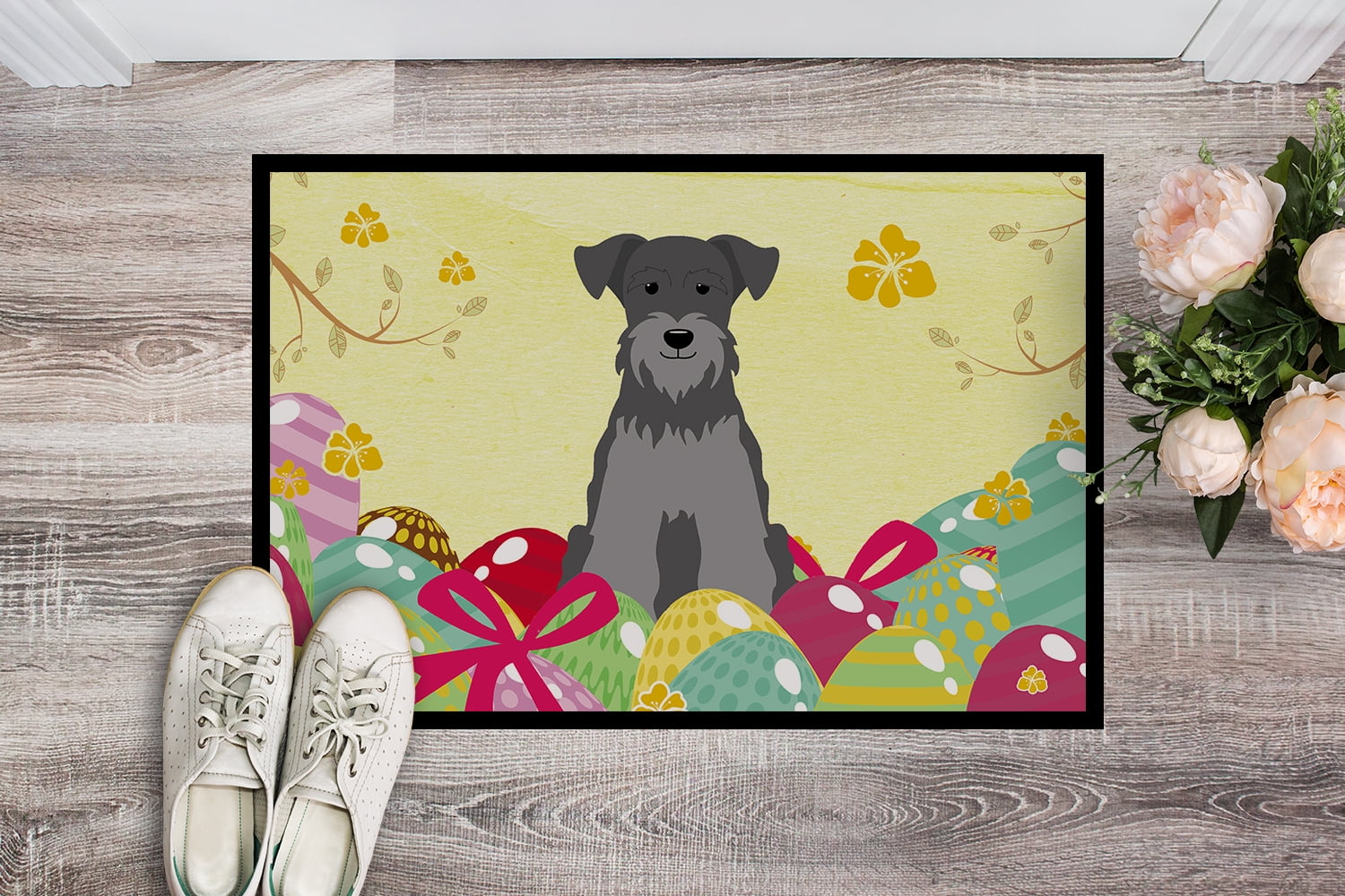 Carolines Treasures BB6052JMAT 24 x 36 in. Easter Eggs Miniature Schanuzer Black Silver Indoor or Outdoor Mat