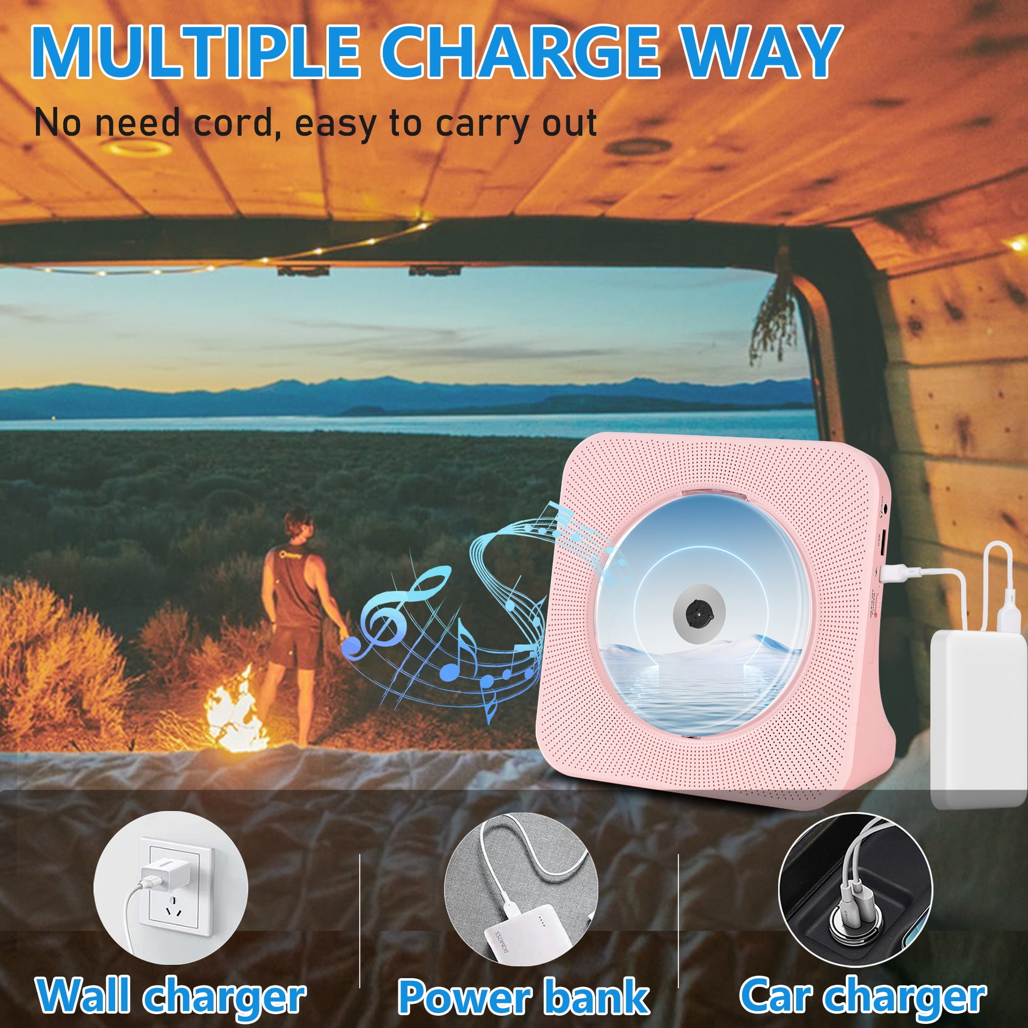 GJX Bluetooth CD Player with FM Radio/USB/AUX, Portable CD Player, Home Pink CD Music Player with HIFI Speakers, Remote Control, Dust Cover
