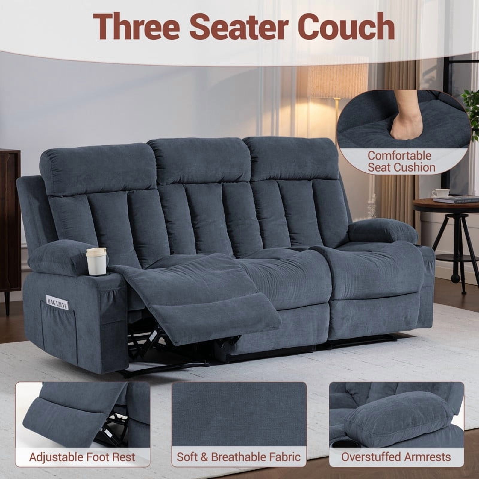 WENTUM Recliner Sofa Set, 3 Seater Recliner Sofa Chair, Manual Reclining Sofa Couch, Triple Recliner Sofa for Living Room, Home Theater, Small Spaces, Blue