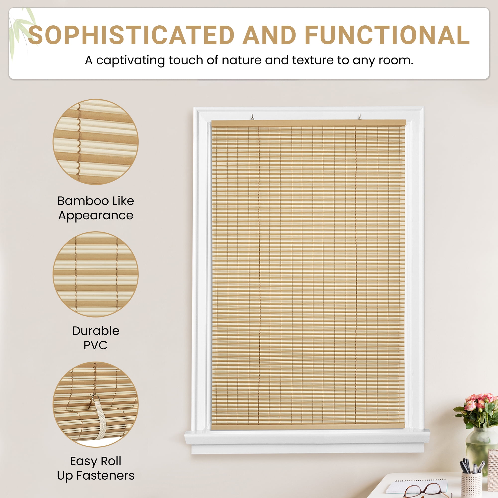 PowerSellerUSA Oval Cordless Blinds, Roll-Up Roller Shades for Windows and Doors, Light Filtering and Shades Privacy Window Treatment for Home - 30" (Width) x 72" (Length) Beige