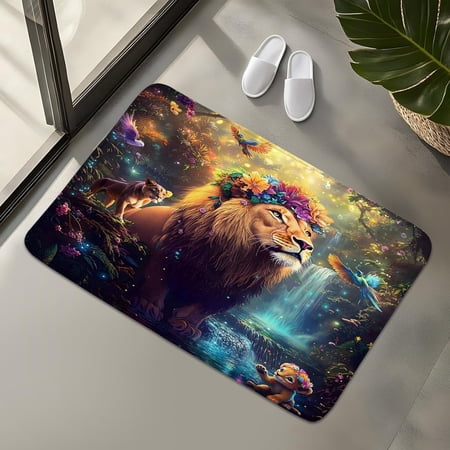 Forest Lion Bath Rug African Waterfall Wildlife Jungle Floral Bathroom Mat Non Slip Door Doormat Toilet Carpet 16 x 24 Inch Brown