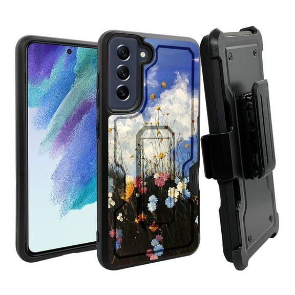 ANJ  Rugged Dual Layer Shockproof Holster Case w/Card Slot   Tempered Glass Cover for Samsung Galaxy S21 FE 5G - Summer Field