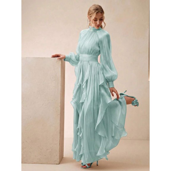 Womens Mint Green Long Sleeve Halter Neck Pleated Maxi Dress With Ruched