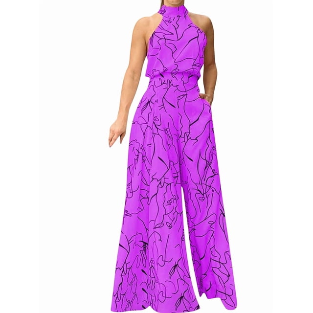 Combinaisons Habillées pour Femmes Soirée Invitée de Mariage Grande Taille Sans Manches Combinaisons Pantalon Grand Long Violet G