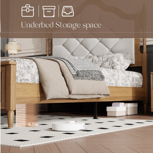 Full Size Bed Frame with Upholstered Headboard and Panel Footboard, Vintage Mid-Century Farmhouse Style, Brown Wood Platform Bed