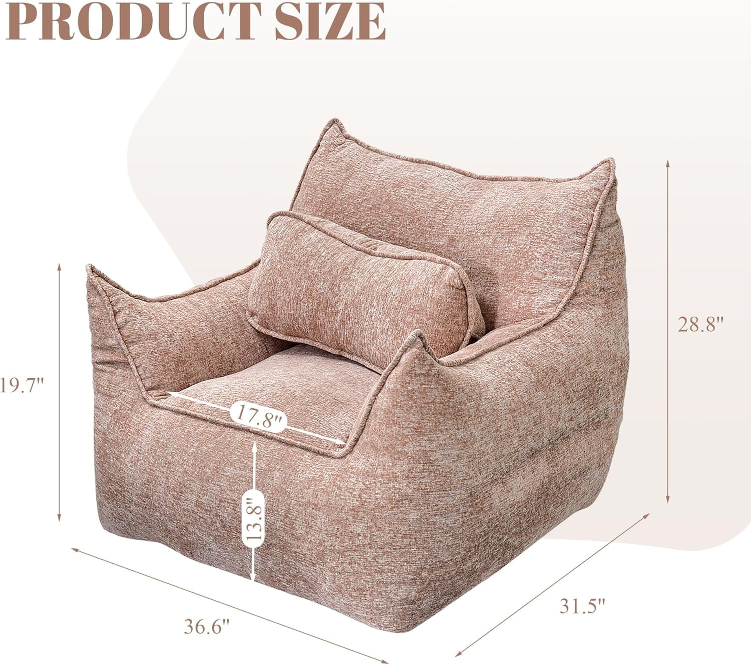 Bean Bag Chair for Adults with Armrests & Pillow, Soft Foam Filled Lazy Sofa for Living Room Gaming Napping, Vacuum Packed Easy to Gift, 48H to Expand, Light Brown