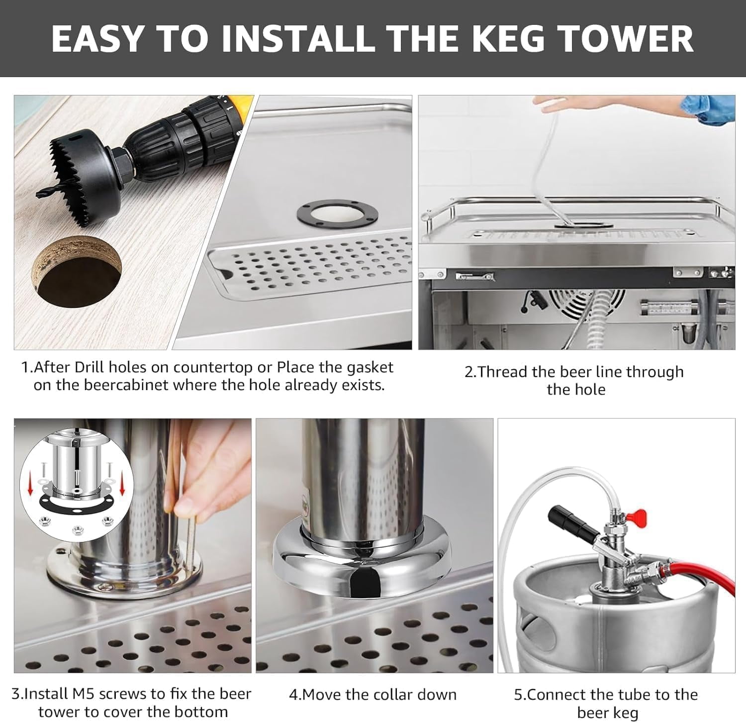 Upgraded Adjustable Dual Tap Kegerator Tower with Flow Control -Closing Faucet and Pre-Assembled Lines