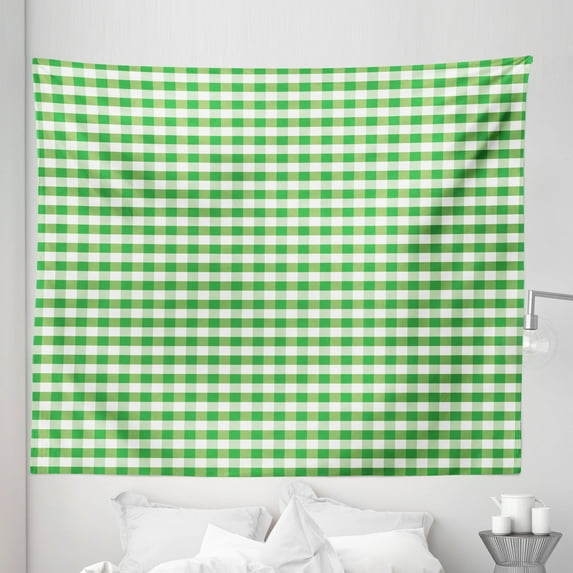 Geometric Tapestry, Picnic Blanket Inspired Green and White Plaid Retro Gingham Checkered Pattern, Fabric Wall Hanging Decor for Bedroom Living Room Dorm, 5 Sizes, Green and White, by Ambesonne