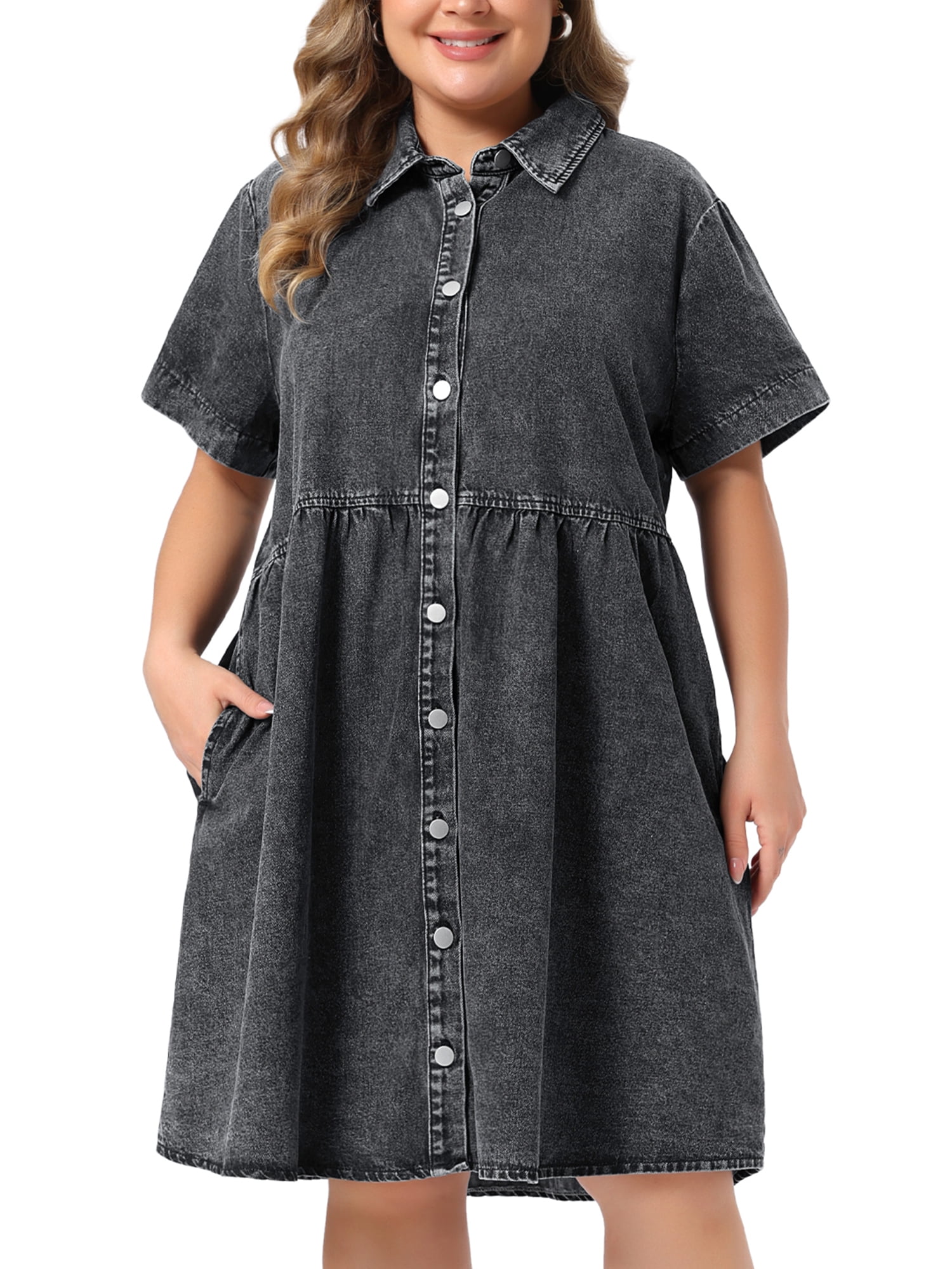 DARING DIVA Women's Plus Size Summer Casual Denim Babydoll Pockets Dress 3X Dark Grey