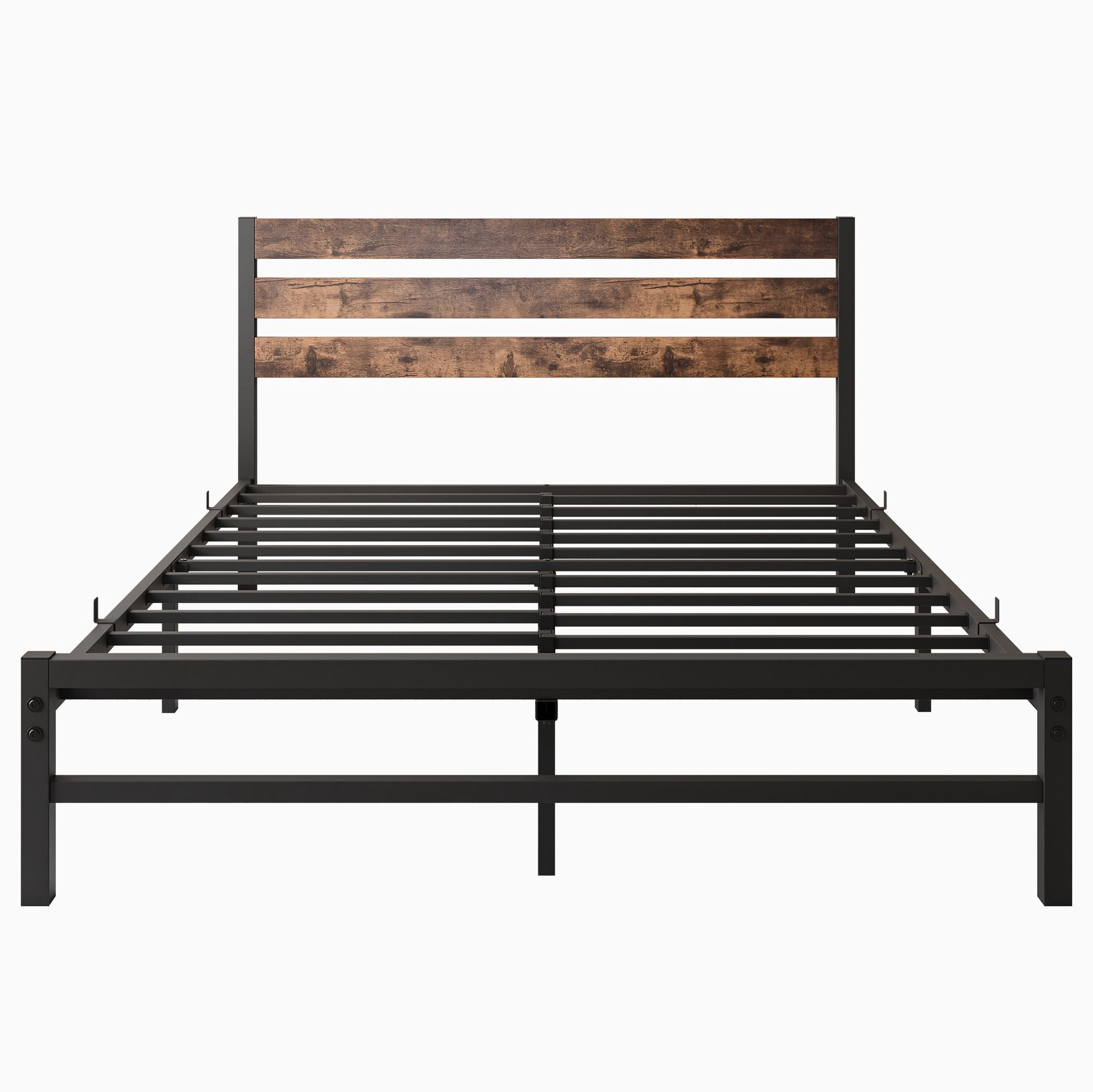 Aukfa Queen Size Platform Bed, Metal Bed Frame with Wood Headboard, Rustic Brown