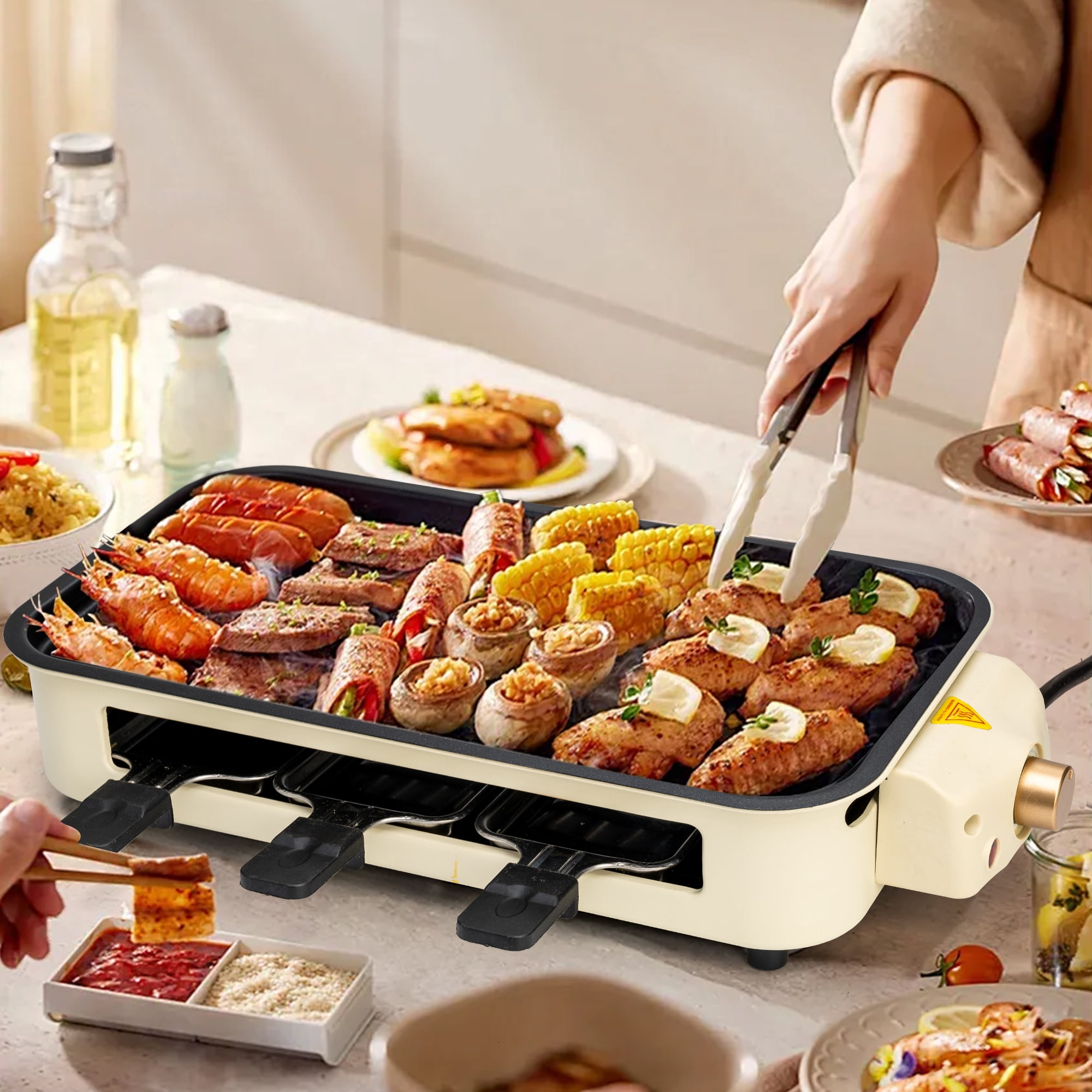 SUSLAS Electric Indoor Grill & Griddle, 1500W Smokeless Design with 3 Removable Nonstick Plates, Dishwasher Safe, Adjustable Temperature Control for Indoor Cooking(beige)
