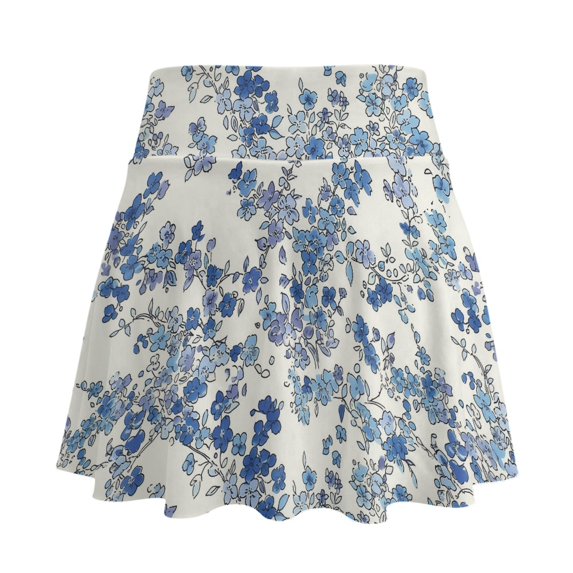 HELLHERO Blue Ditsy Floral Polyester Spandex Blend Women's Tennis Skirt with Built-in Shorts, 2 Side Pockets High Waisted Women's Golf Athletic Activewear Skorts