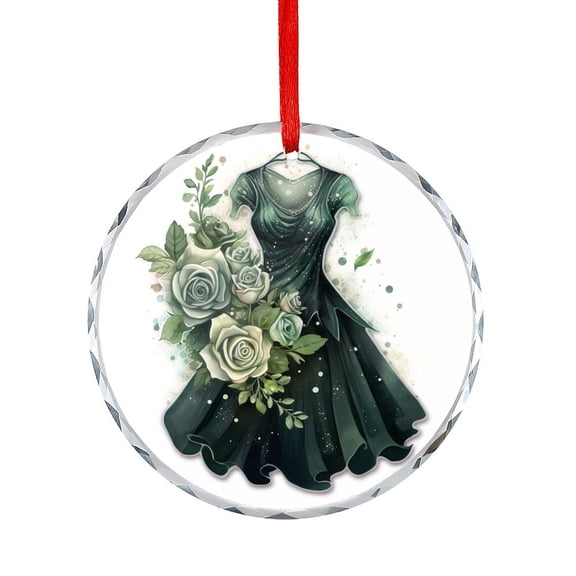 Sweet 16 Emerald Green Gold Dress Xmas Ornament Appreciation Gift for Xmas Friend Bestie Nurse Teacher Mentor Boss Coworker Personalized Girly Girl Round Shaped Glass Ornament