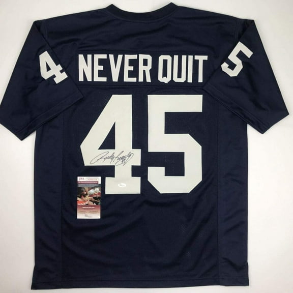 Autographed/Signed Rudy Ruettiger Never Quit Notre Dame Blue College Football Jersey JSA COA