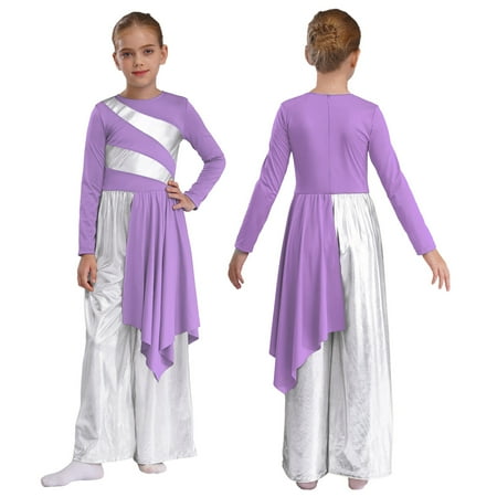 iixpin Kids Girls Metallic Long Sleeve Liturgical Lyrical Praise Dance Wide Leg Jumpsuit Worship Gown Robe Light Purple 14