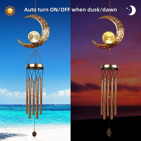 1Pcs Solar Wind Chimes for Outside Hanging, Outdoor Decor Moon Wind Chime, Crackle Glass Ball Warm LED Light with Metal Tubes Waterproof for Garden Yard Patio Lawn