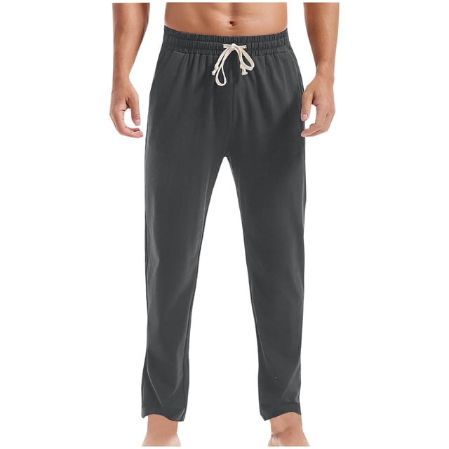 AherBiu Mens Casual Pants Drawstring Stretch Sweatpants Elastic Waist Solid Color Workout Gym Running Long Pants