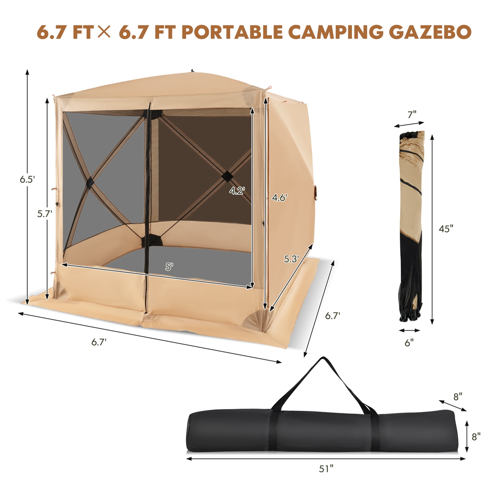 Costway 6.7 FT x 6.7 FT 4-Panel Pop up Camping Gazebo Quick-Set with 2 Sunshade Cloths Coffee