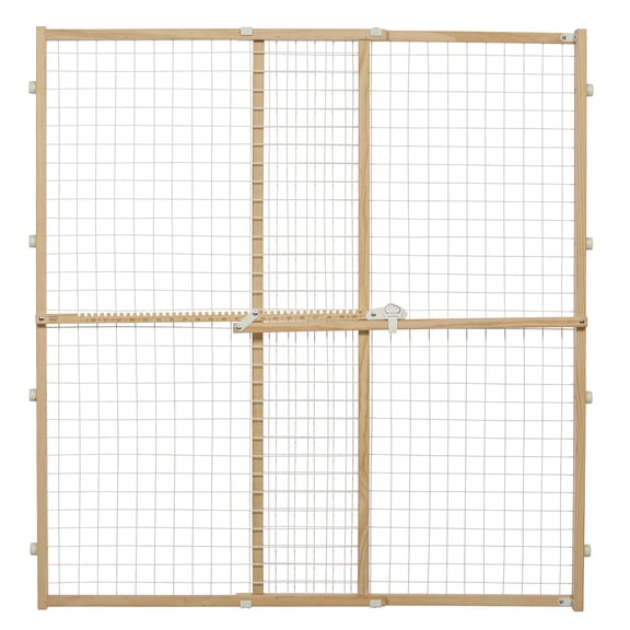 MidWest Homes for Pets Wire Mesh Pet Safety Gate, Pressure Mounted Dog Gate Measures 44 Inches Tall & Expands to 29-50 Inches Wide, Natural Wood & White Powder Coated Wire Mesh