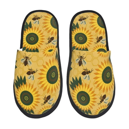 Balery Bees and Sunflowers Slient Indoor Furry Fleece Comfort House Shoes Soft Non-Slip Home Shoes Cotton slippers House Slippers-- Medium