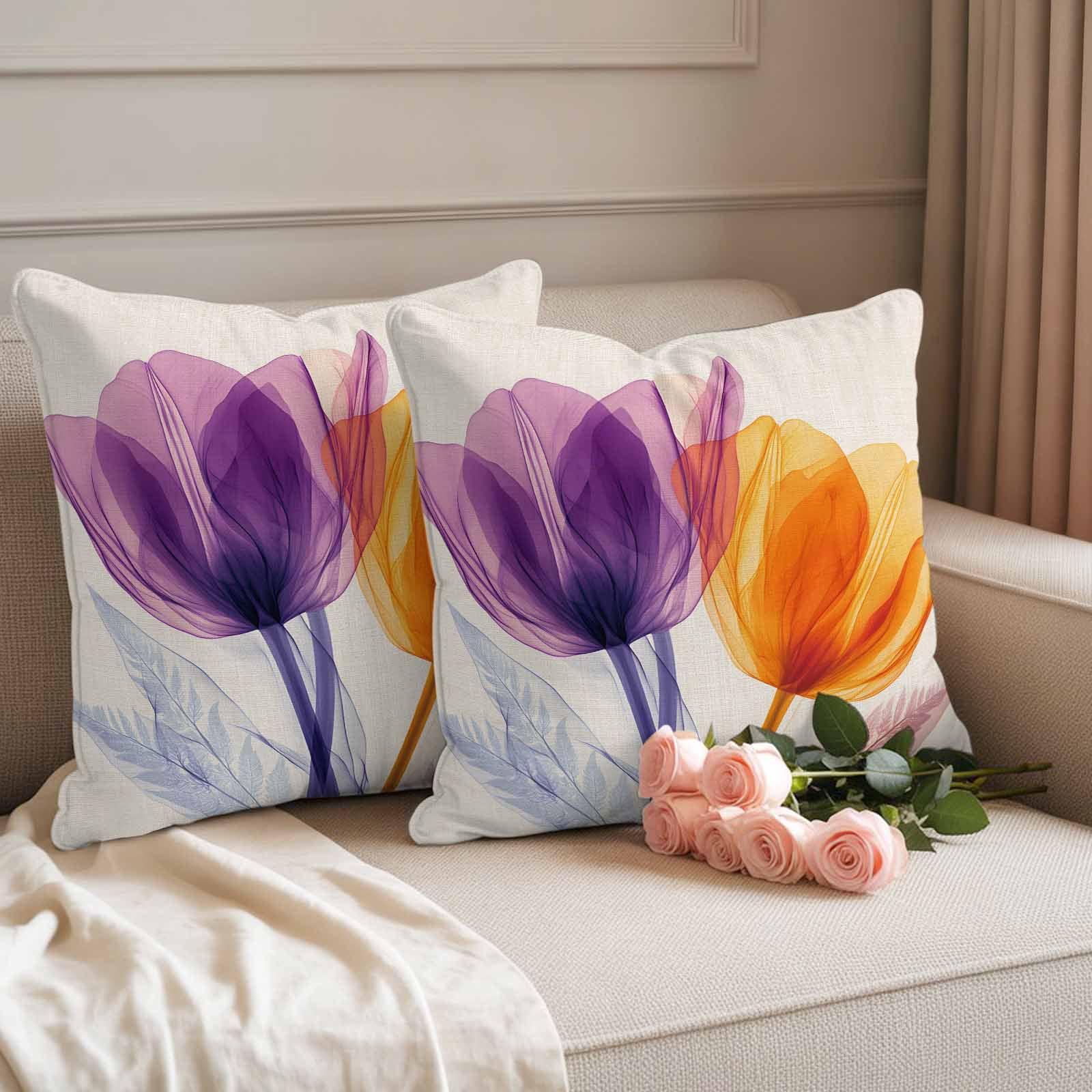 Spring Purple Pillow Covers 2 Pack Orange X-ray Tulip Flower Retro Pillowcase Waterproof Outdoor Throw Pillow Cover for Patio Garden Square Cushion 16”x16”