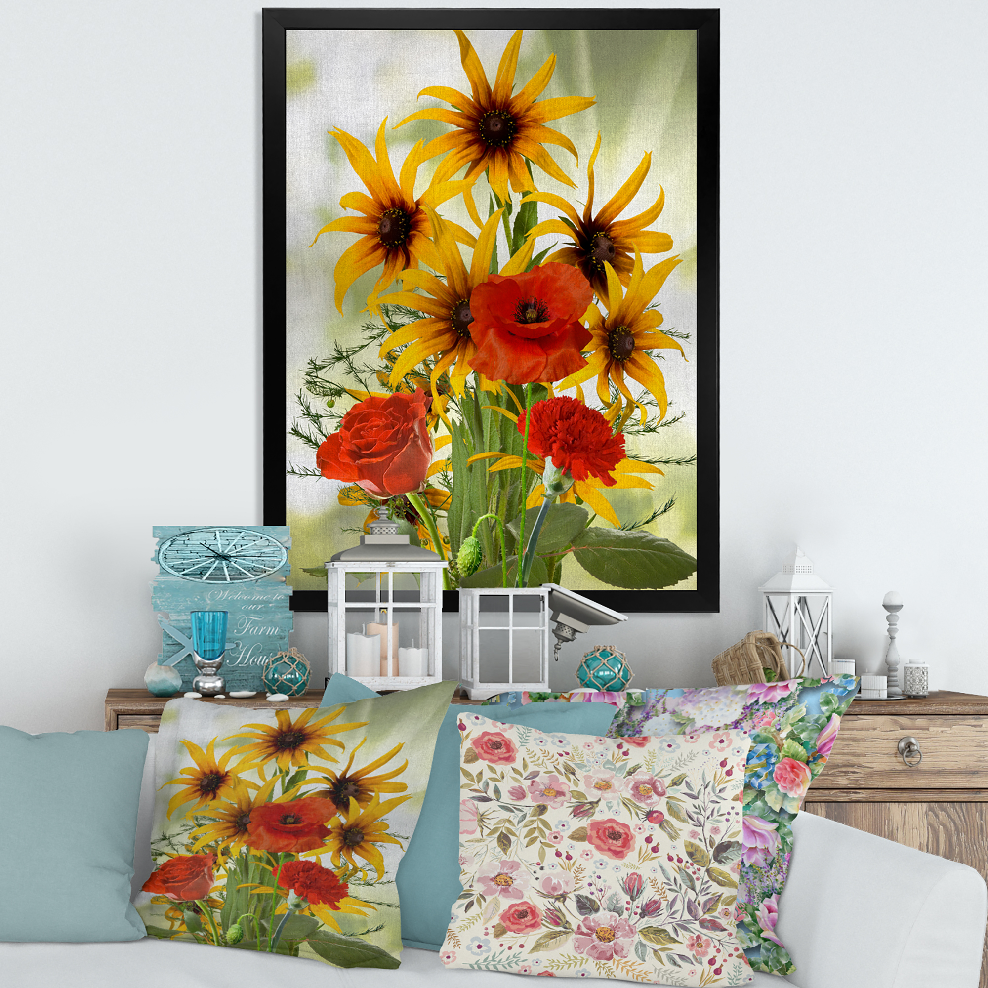 Designart 'Poppies and Sunflowers In The Wild' Traditional Framed Art Print