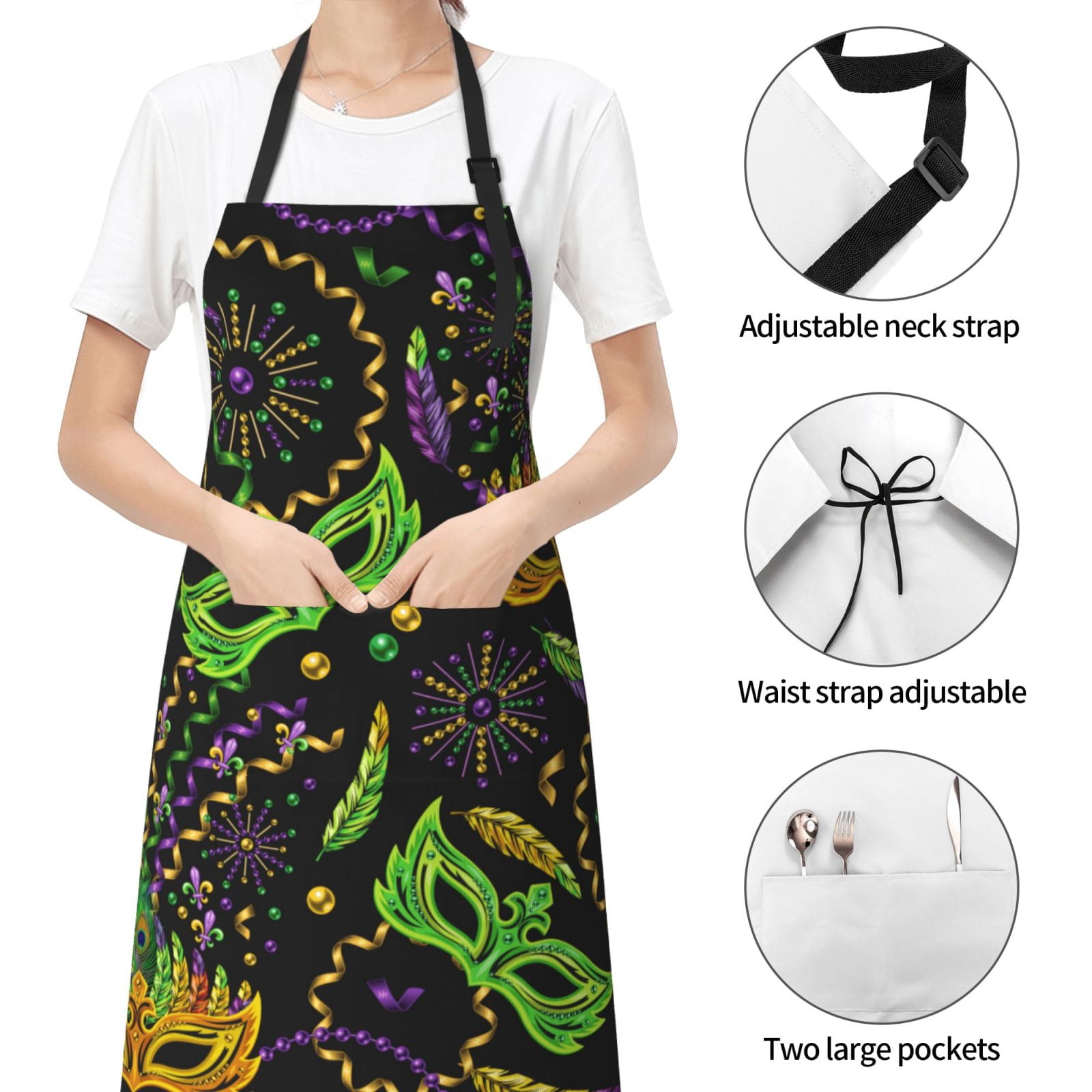 Kdxio Carnival Mardi Gras3 Apron with Pockets Adjustable Kitchen Aprons for Men Women Waterproof Aprons for Cooking,Drawing,Crafting, Baking Household Cleaning