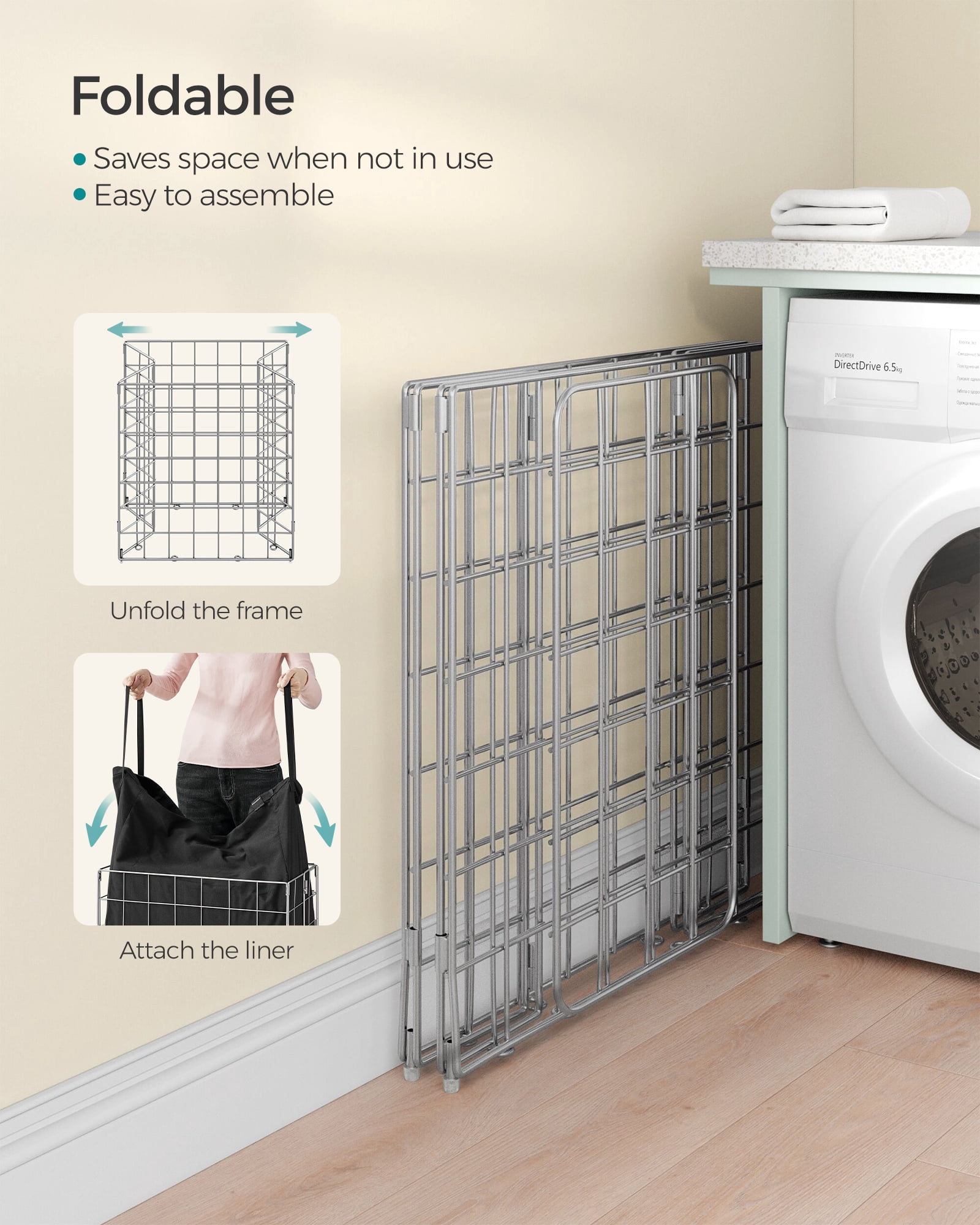 110L Laundry Hamper Laundry Basket Collapsible Clothes Hamper Removable and Washable Liner for Bedroom Bathroom Silver and Classic Black