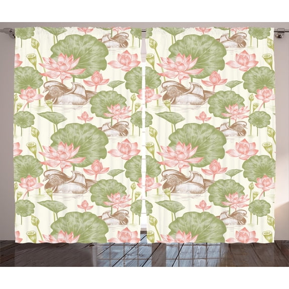 Ambesonne Duck Curtains 2 Panel Set, Lotus Flower Pond Lily, 108" x 90", Pink Green and White