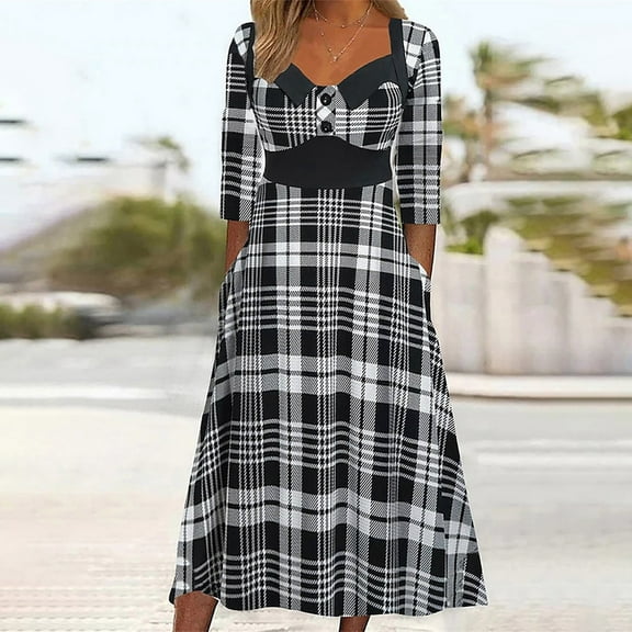 qolati Women's Plaid 3/4 Sleeve Dresses 2023 Elegant Low Cut High Waist A-Line Dress Trendy Slim Fit Pleated Work Dress with Pockets
