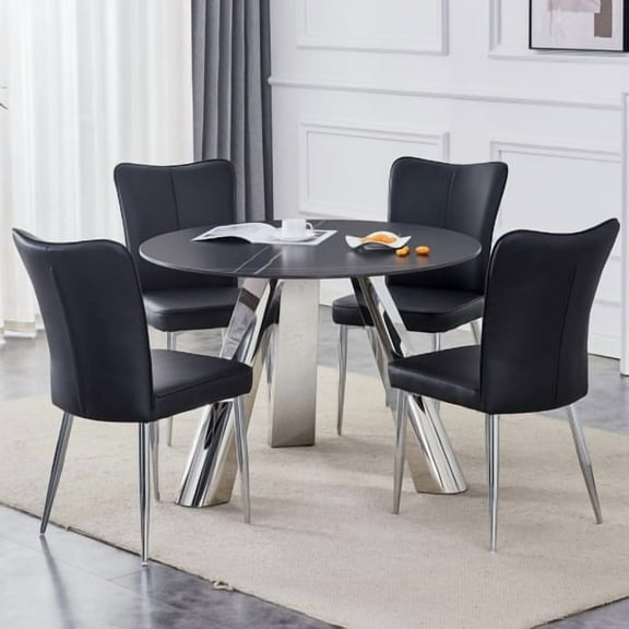 42-inch Sintered Stone Dining Table and Chair Set Mirror-polished Stainless Steel Base 4 Black PU Chairs Modern Luxury Round Dining Table Series