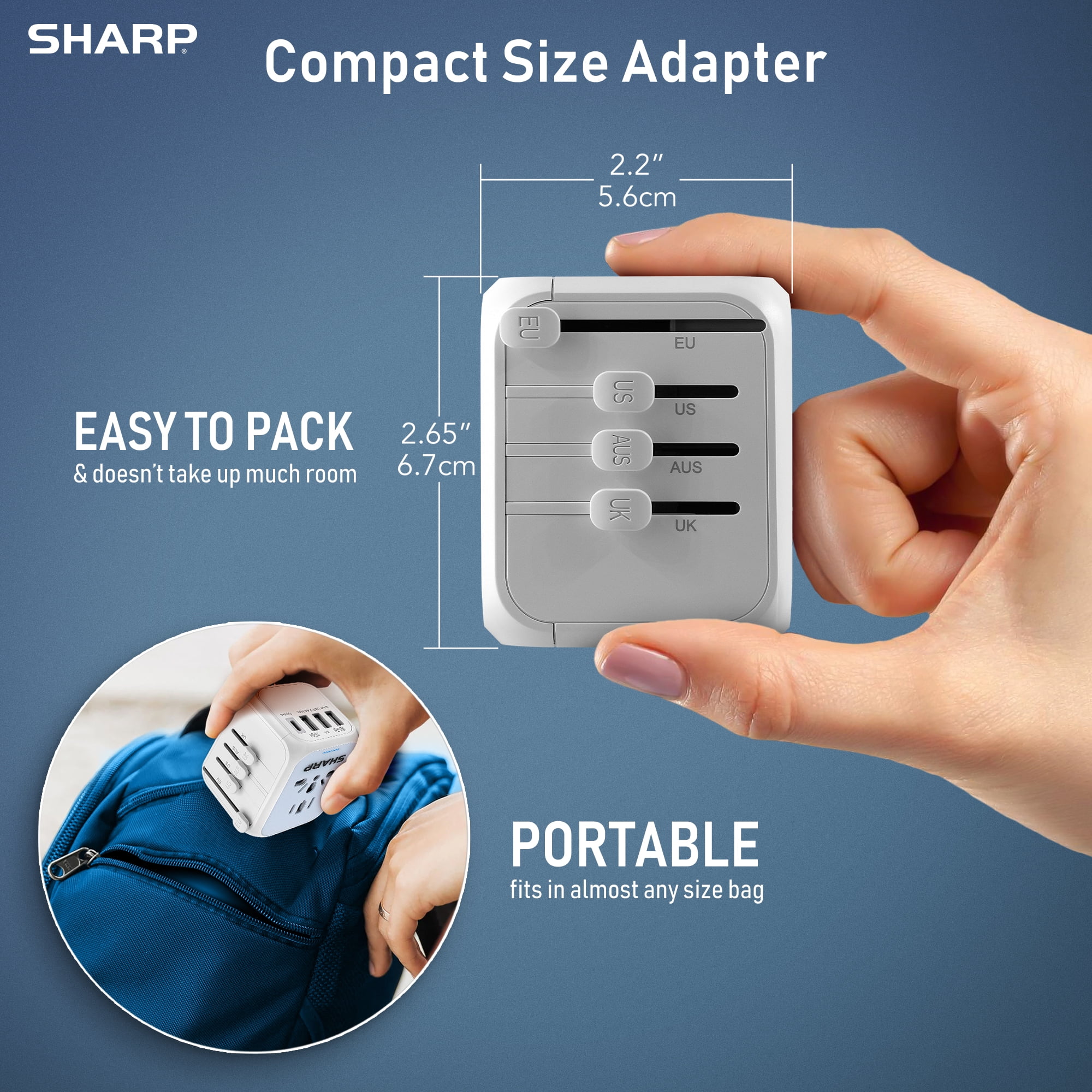 SHARP Universal Travel Adapter International Wall Charger Worldwide AC Plug Adaptor with 3 USB-A and 1 USB Type-C for USA EU UK AUS (White)