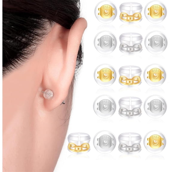 Duslogis 16Pcs Silicone Earring Backs for Studs and Hoops, Secure Locking for Heavy Earrings, Hypoallergenic Soft Clear (8 Gold 8 SIlver)
