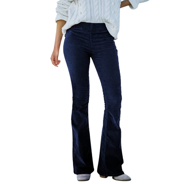 Pantalones acampanados de pana de cintura alta para mujer - Poliéster, cintura elástica, dos bolsillos traseros, estilo vintage, para uso informal/trabajo/viajes