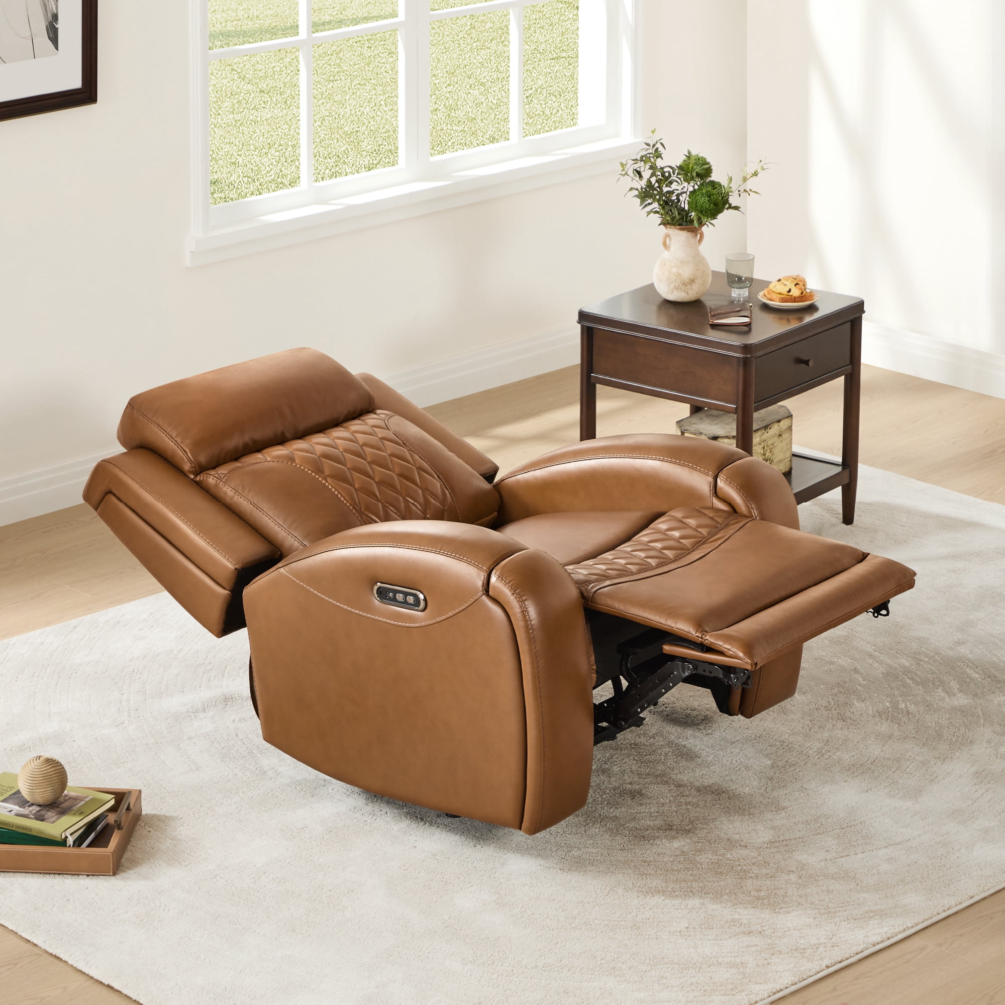 Spruce & Spring Leather Dual-Motor Lay Flat Recliner for Living Room, Saddle
