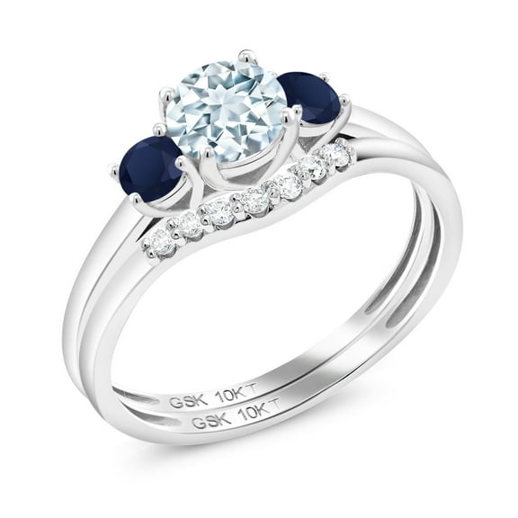 10K White Gold Sky Blue Aquamarine and Blue Sapphire and White Lab Grown Diamond 3-Stone Bridal Engagement Wedding Ring Set for Women (0.73 Cttw, Gemstone March Birthstone, Round 5MM, Size 8)