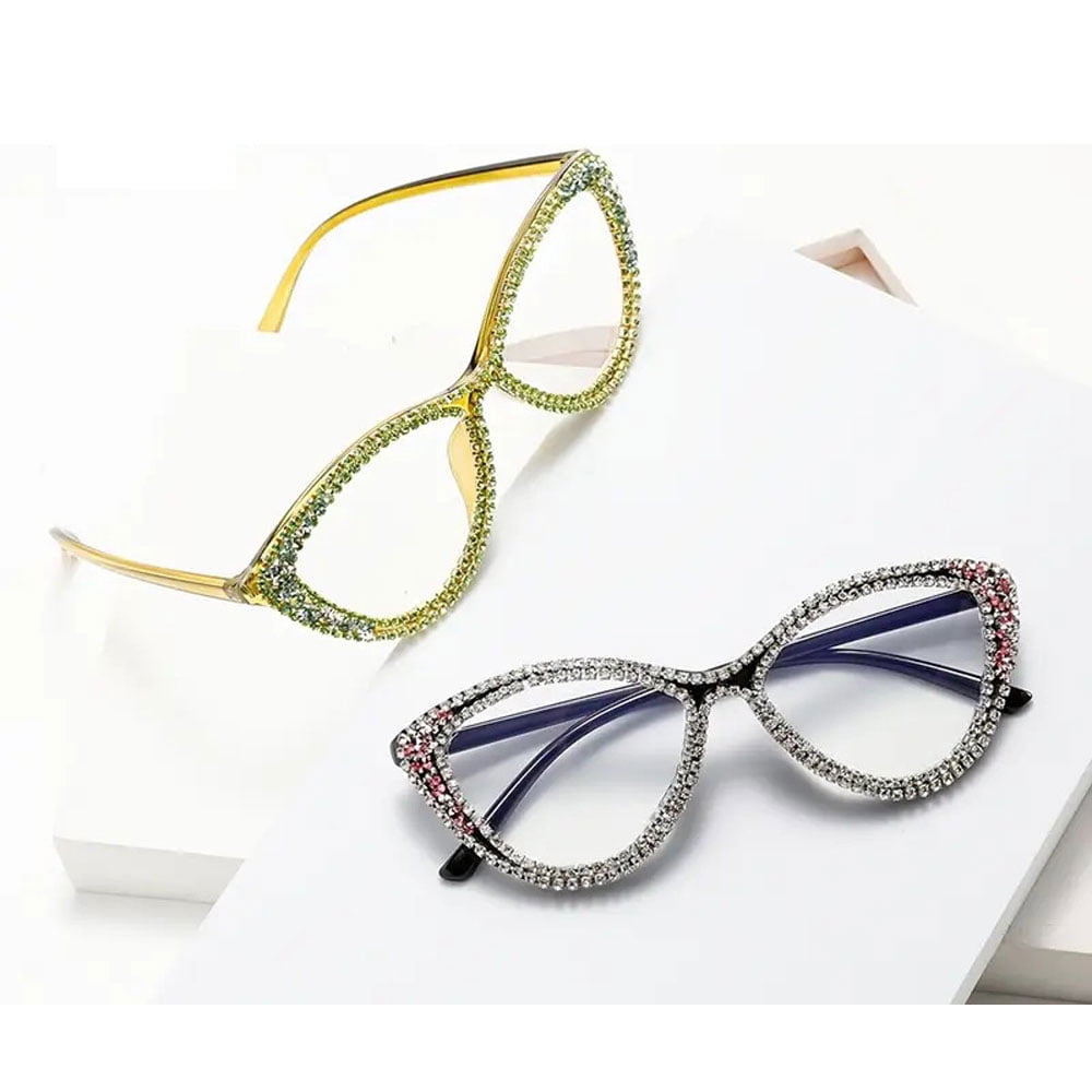 2 Pairs of Ladies Handmade Diamond Reading Glasses 2.50 Women Elegant Anti-blue Light Cat Eye Readers +2.50 Strength