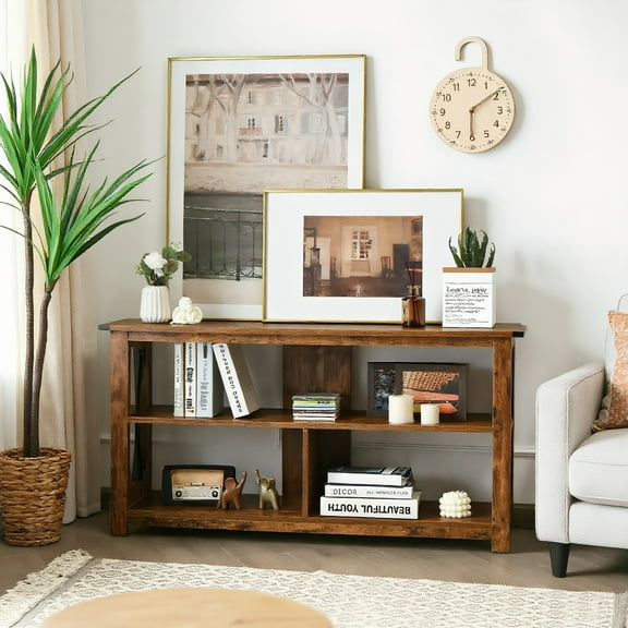 Resenkos Entertainment Centers,TV Stands,3 Tier Wood TV Stand for 55-Inch with Open Shelves and X-Shaped Frame-Brown