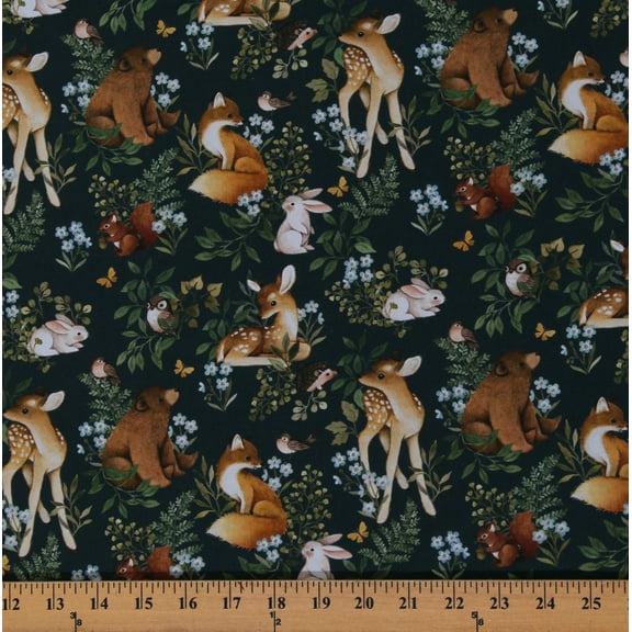 Cotton Woodland Baby Animals Deer Fawns Hedgehogs Bunnies Owls Forest Kids Green Cotton Fabric Print by the Yard (STELLA-DNS2308-IRON)