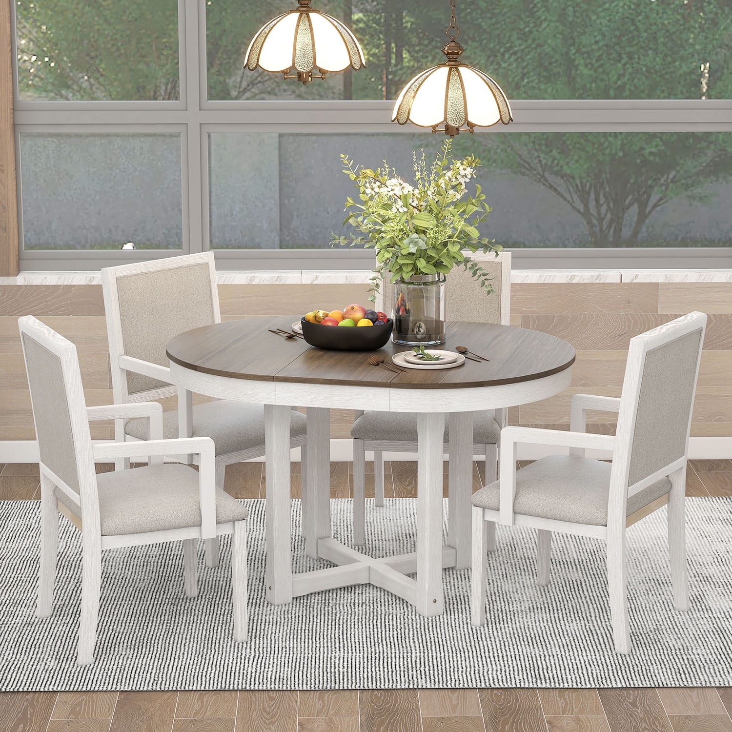 Kadyn 5-Piece Dining Table Set, 4 Upholstered Dining Chairs with Armrests, Extendable Butterfly Leaf Wood Dining Table, Brown+White
