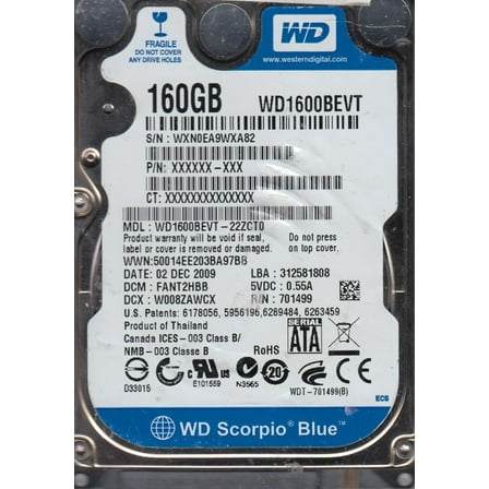 WD1600BEVT-22ZCT0, DCM FANT2HBB, Western Digital 160GB SATA 2.5 Hard Drive