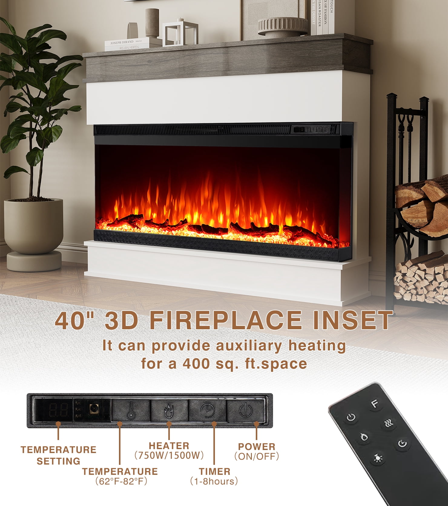 40" 3D Electric Fireplace with Mantel: Realistic Flame, Heating & Decor