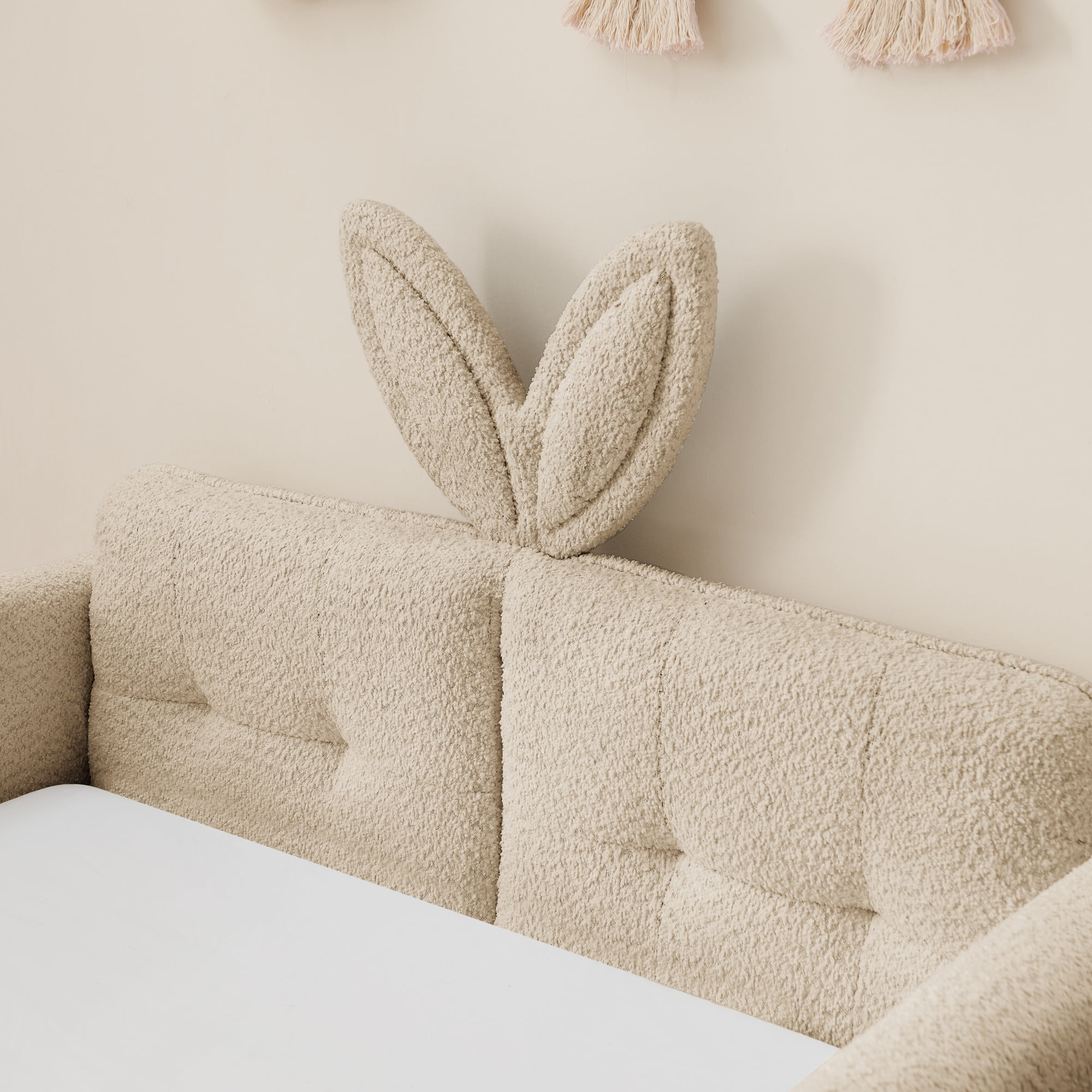 T-Joy Cute Kids Bed with Rail and Pocket, Boucle Wooden Platform Bed with Rabbit Ear, Twin Size, Camel