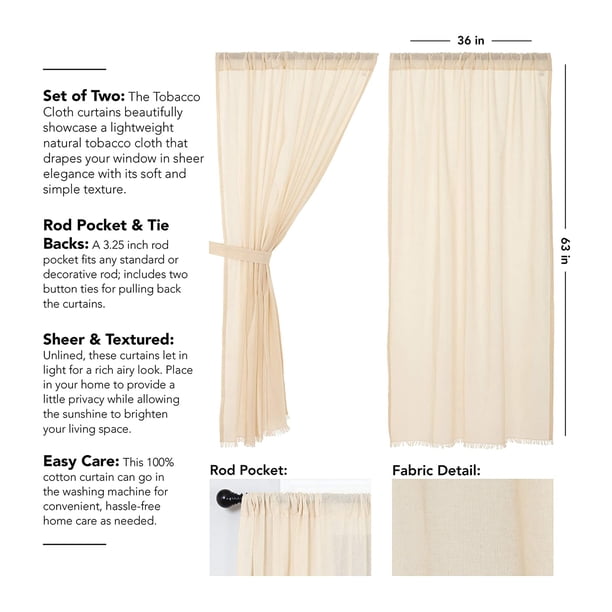 vhc tobacco cloth curtains BRANDS Antique White Cotton 36 in. W x 63 in. L Sheer Rod Pocket Prairie Window Panel Pair 8318 Also known as cafe or bistro curtains Tobacco Cloth Fringed Prairie Swag